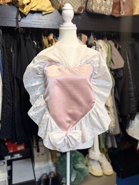 Pink Satin Heart Backless Top with Eyelet Ruffle and a Bow Accent